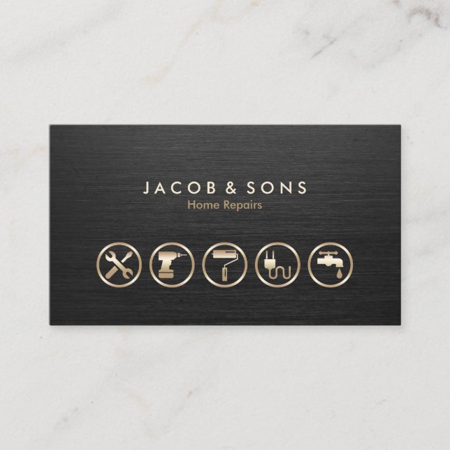 Home Repairs Gold Icons Brushed Metal Texture Business Card (Front)