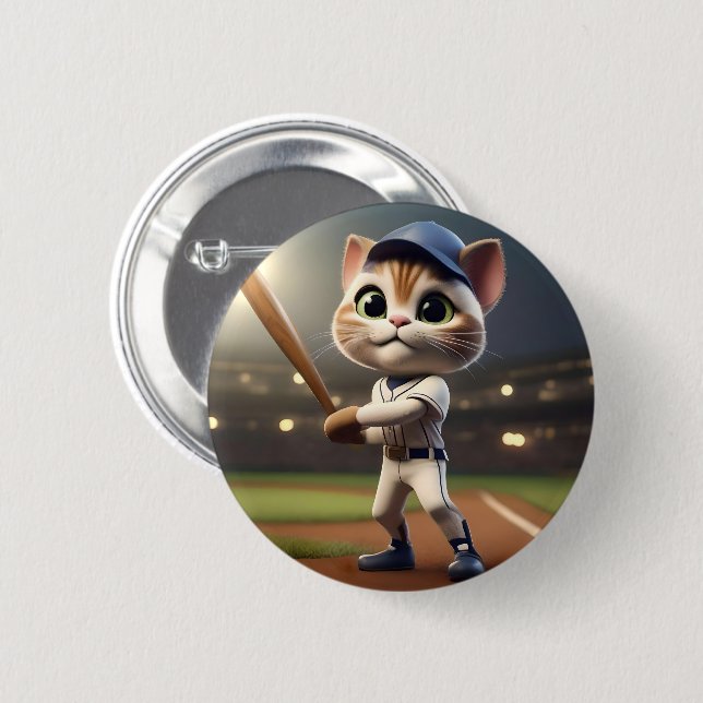 Home Run Hitter: The 3D Baseball Cat Takes a Swing 2 Inch Round Button (Front & Back)