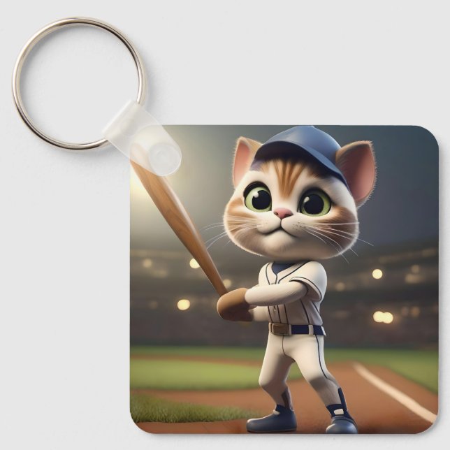 Home Run Hitter: The 3D Baseball Cat Takes a Swing Keychain (Front)