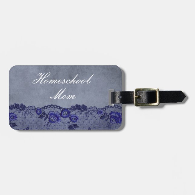 Home School Mom Blue Faux Lace Luggage Tag (Front Horizontal)