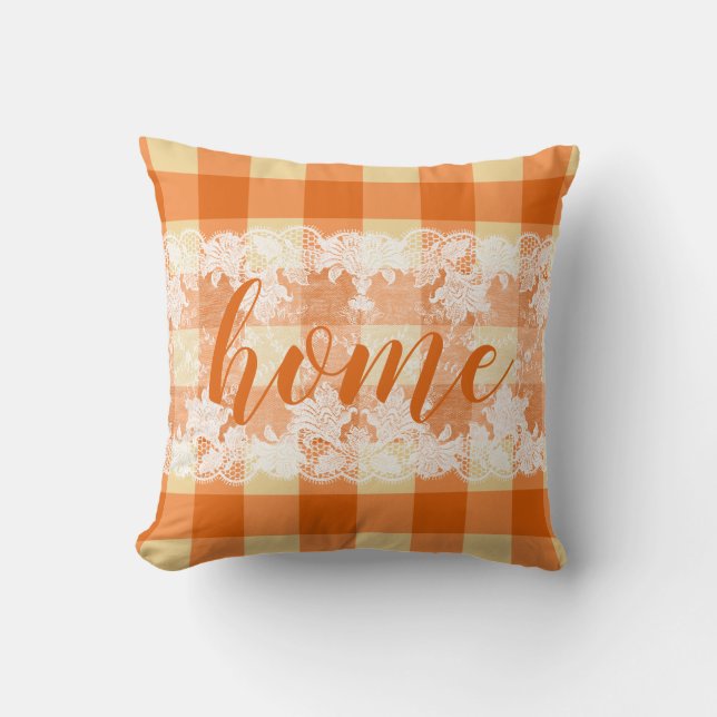 Home script gingham orange farmhouse pattern throw pillow (Front)