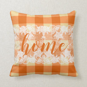 Home script gingham orange farmhouse pattern throw pillow
