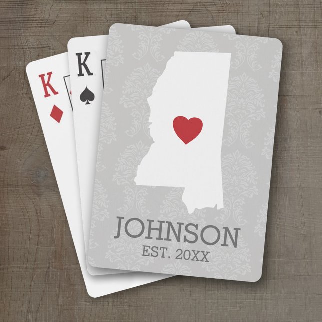 Home State Map Art Custom Name Mississippi Playing Cards (Personalized Playing Cards with a State Map, Movable Heart and Name)