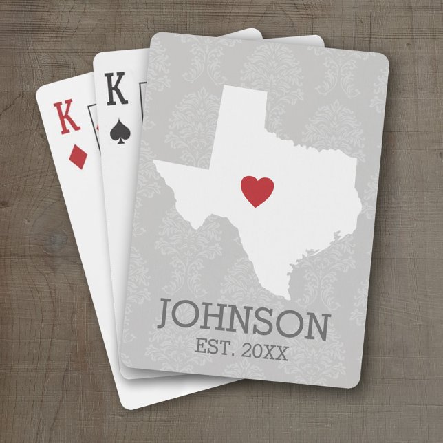Home State Map Art - Custom Name Texas Playing Cards (Personalized Playing Cards with a State Map, Movable Heart and Name)