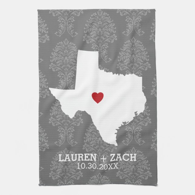 Home State Map Art - Custom Wedding Texas Kitchen Towel (Vertical)