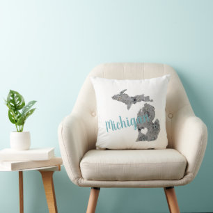 Home State Michigan Floral Filled Silhouette Throw Pillow