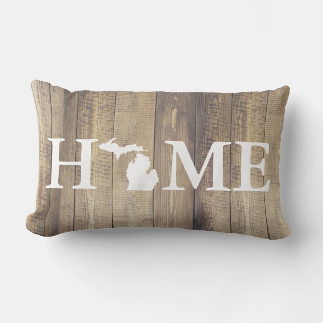 Home State Michigan Rustic Wood Family Name Lumbar Pillow (Front)