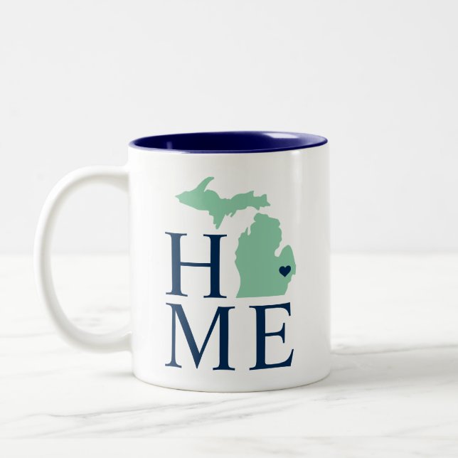 Home State of Michigan Green Navy City Heart Two-Tone Coffee Mug (Left)
