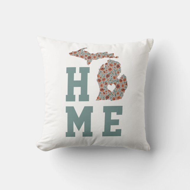 Home State Of Michigan With Poppies Floral Pattern Throw Pillow (Front)
