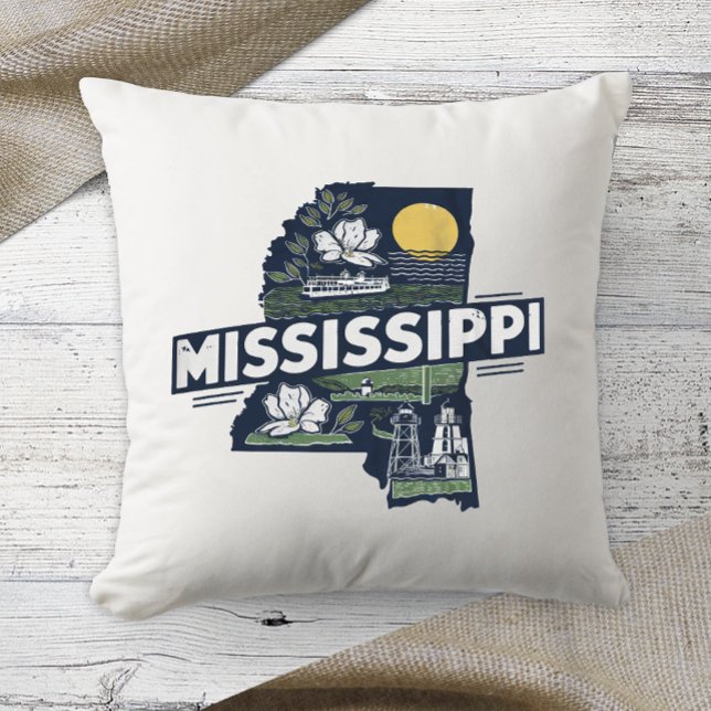 Home State Retro Colour Mississippi  Throw Pillow (Creator Uploaded)