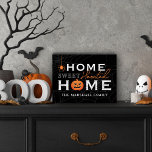 Home Sweet Haunted Home Personalized Halloween Wooden Box Sign<br><div class="desc">Welcome your guests with this spooky fun personalized Halloween tabletop decor sign. The stylish typography design features "Home Sweet Haunted Home" wording with custom text for your family name and accents of a scary jack-o-lantern pumpkin, creepy dangling spider, and spider web background. Includes a black, grey, white, and orange colour...</div>