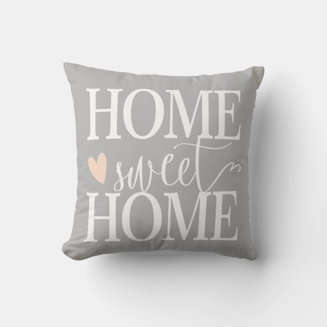 Home Sweet Home and pink heart Grey Throw Pillow (Front)
