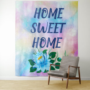 Home sweet home beautiful blue flower watercolor tapestry