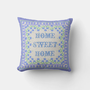 Home Sweet Home Blue Periwinkles Floral Faux Linen Throw Pillow