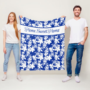 Home Sweet Home Chic Blue White Floral Pattern Fleece Blanket