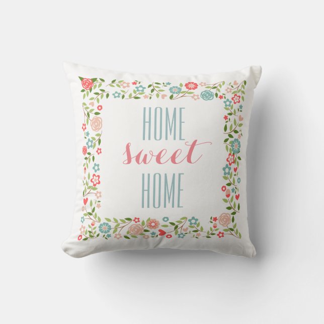 Home Sweet Home Coral Teal Floral Wreath Pattern Throw Pillow (Front)