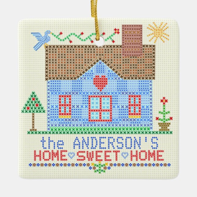 Home Sweet Home Cross Stitch House Personalized Ceramic Ornament (Front)