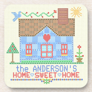 Home Sweet Home Cross Stitch House Personalized Coaster