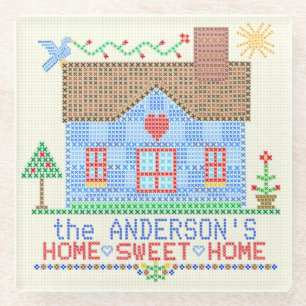 Home Sweet Home Cross Stitch House Personalized Glass Coaster