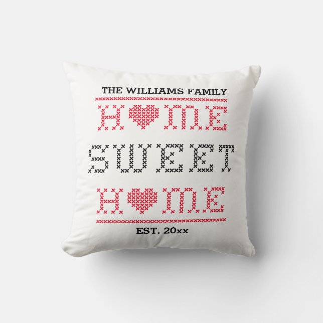 Home Sweet Home Cross Stitch Monogram Black & Red Throw Pillow (Front)