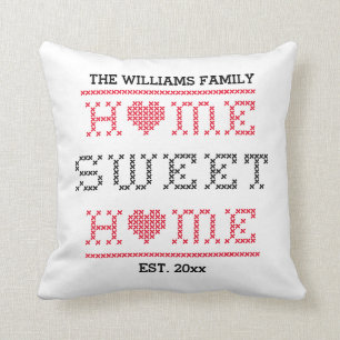 Home Sweet Home Cross Stitch Monogram Black & Red Throw Pillow