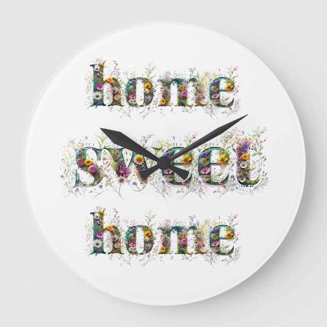 HOME SWEET HOME decorative text in wildflowers Large Clock (Front)