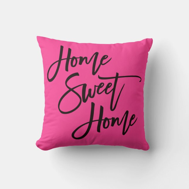 Home Sweet Home Elegant Black Script Hot Pink Throw Pillow (Front)