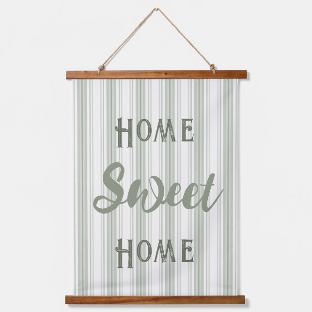 Home Sweet Home Farmhouse Sage Ticking Stripes Hanging Tapestry (Front)