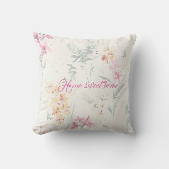 Home sweet home floral boho pink yellow teal throw pillow (Front)
