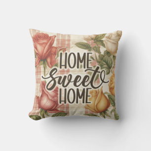 Home Sweet Home Floral Rose Gingham Housewarming Throw Pillow