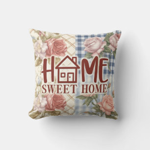 Home Sweet Home Floral Rose Gingham Housewarming Throw Pillow