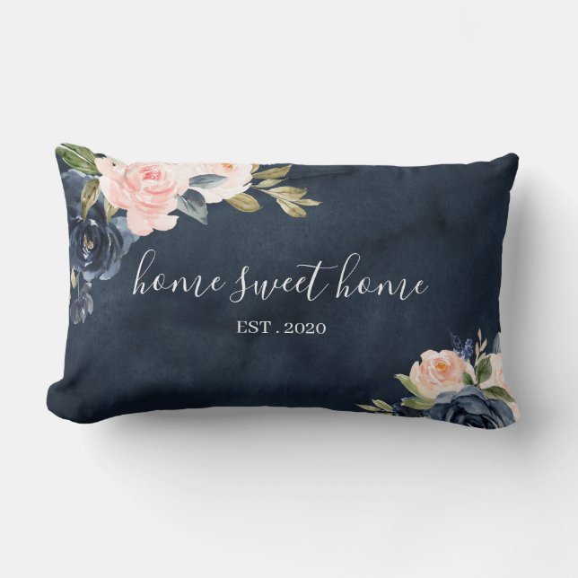 Home Sweet Home Floral Watercolor Navy Pillow (Front)
