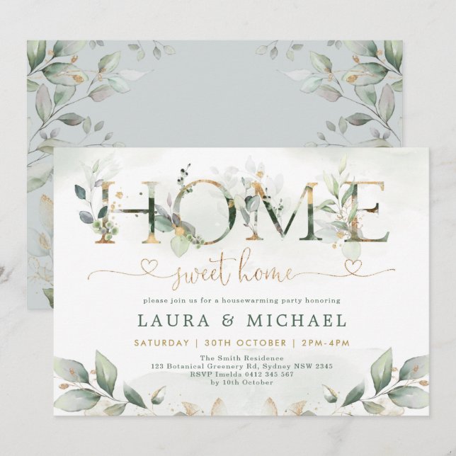 Home Sweet Home Greenery Gold Housewarming Party Invitation (Front/Back)