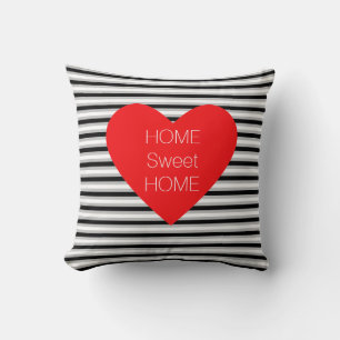 Home Sweet Home Heart on Black White Striped Throw Pillow