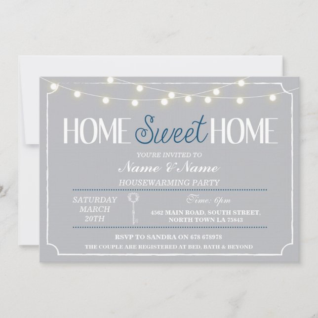 Home Sweet Home Housewarming Grey White Key Invite (Front)