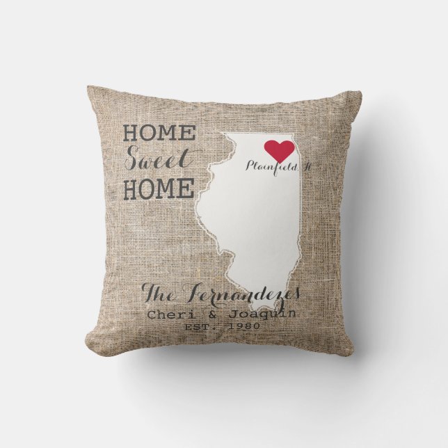 Home Sweet Home | Illinois Rustic Typography Throw Pillow (Front)