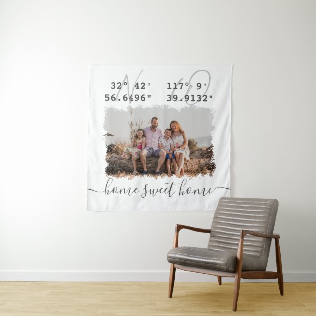 "Home Sweet Home" Latitude Longitude Family Photo Tapestry (In Situ)