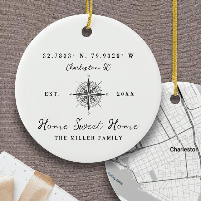 Home Sweet Home Latitude Longitude Personalized Ceramic Ornament (Home Sweet Home Ornament Latitude and Longitude Coordinates Personalized Address Custom Location)