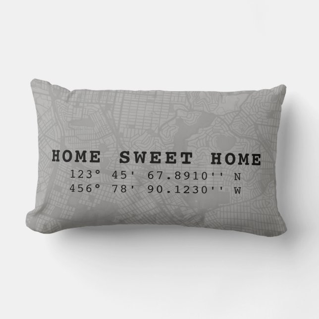 Home Sweet Home | Map & Coordinates | Grey Lumbar Pillow (Front)