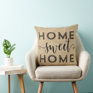 Home Sweet Home   Modern Rustic Burlap Throw Pillow