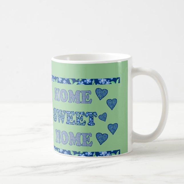 Home Sweet Home Mug: Blue Periwinkles and Checks Coffee Mug (Right)