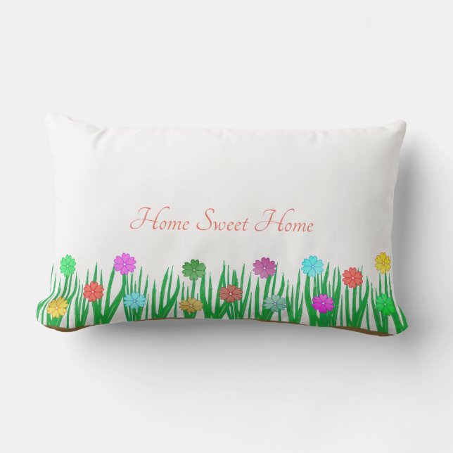 Home Sweet Home & Multicolored Flowers on White Lumbar Pillow (Front)