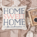 Home Sweet Home Personalized Modern Typography Throw Pillow<br><div class="desc">Modern typography design features "Home Sweet Home" in vibrant coral and classic navy blue lettering,  on a warm off-white background. Personalize with your names or family name beneath in handwritten style script lettering. Makes a great gift for new homeowners or newlyweds!</div>