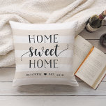 Home Sweet Home Personalized Striped Throw Pillow<br><div class="desc">Simply charming in a rustic modern style,  our striped throw pillow makes a sweet housewarming gift. Design features light tan beige and white horizontal stripes with "home sweet home" in brushed black script and block typography. Personalize with your family name and year established beneath in matching lettering.</div>
