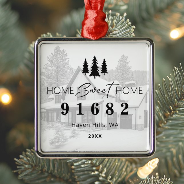 Home Sweet Home Photo Zip Code Metal Ornament (Shown on a Premium Square Ornament)