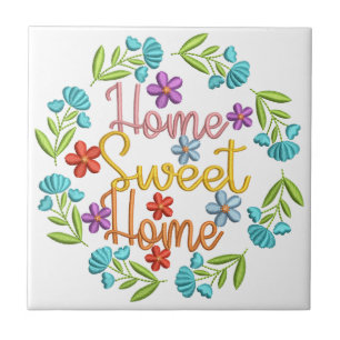 Home Sweet Home Quote Colourful Flower Border Tile