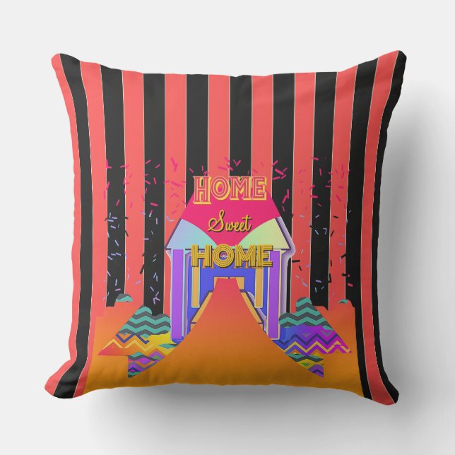 Home Sweet Home Red Black Stripes  Outdoor Pillow (Front)