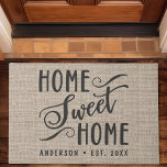Home Sweet Home Rustic Burlap Country Family Doormat<br><div class="desc">This design features the words "home sweet home" written in a hand lettered script font. Personalize this cute rustic faux burlap country design with your family name and year established. The perfect unique modern housewarming or new homeowners gift.</div>