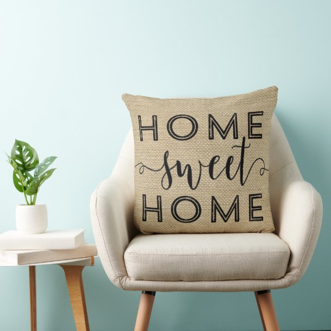 Home Sweet Home Rustic Burlap Typography Throw Pillow (Chair)