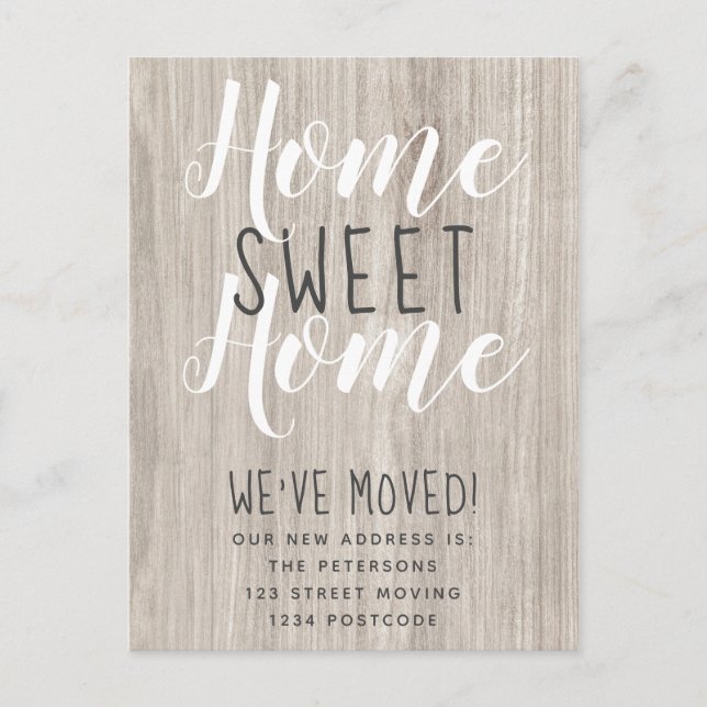 home sweet home rustic wood script new moving announcement postcard (Front)